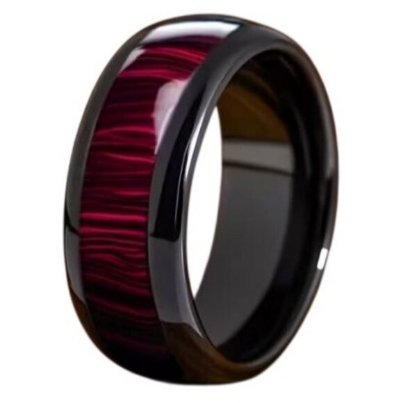 Tungsten Carbide Steel High Polished Red Marble Statement Wedding band - Picture 4 of 8